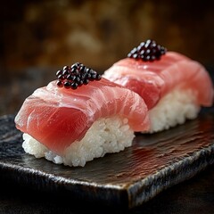 Two pieces of fresh tuna sushi topped with black caviar on a dark wooden plate.