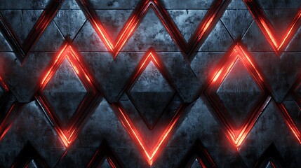 Interwoven triangular grids with metallic textures and glowing red backlights