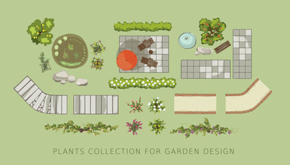 Plants and architectural elements for garden design. Set of vector illustrations of trees, bushes, paths, garden beds for landscape design or plot plan. Top view.