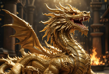 Obraz premium Majestic Golden Dragon Statue Displayed in the Center of a Chinese New Year Festival Square