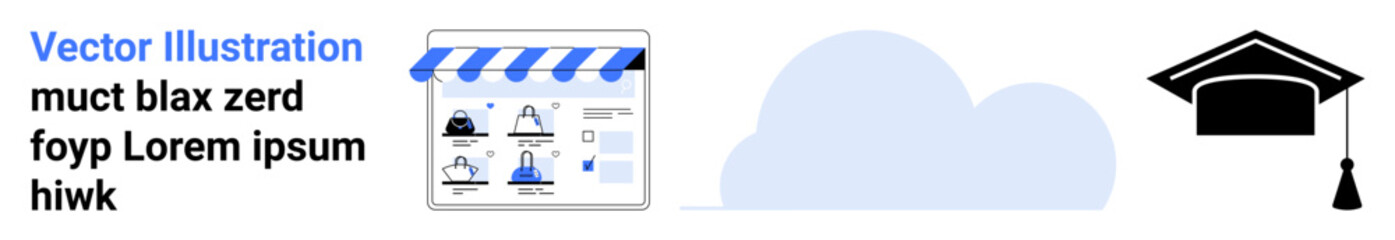 Digital storefront with blue striped awning, cloud icon, and black graduation cap. Ideal for e-learning, online stores, digital marketing, cloud computing, virtual classrooms, knowledge sharing