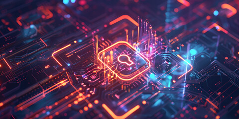 Fototapeta premium Futuristic lock icon glowing on a vibrant digital circuit background, symbolizing cybersecurity, data protection, and technology innovation. 