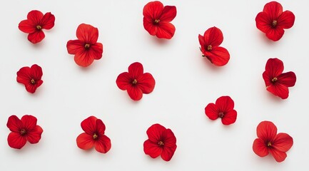 Flat lay of red flowers on white background.