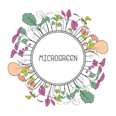 Microgreen leaves and sprouts in circular frame with text in center. Botanical illustration in line art style.