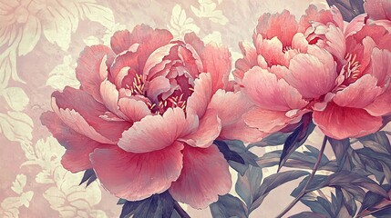 Vintage Spring Illustration of Peonies with Soft Color Palette and Floral Background