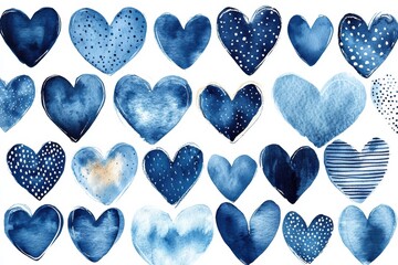 Hand-Drawn Decorative Patterns of Blue Hearts for Seamless Design