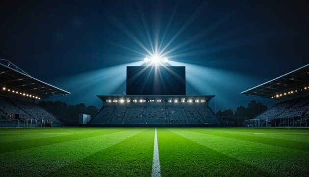 Illuminated football stadium at night with green grass field