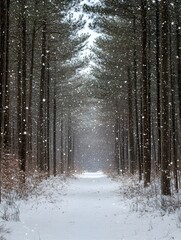 A photo of a snowy forest with tall evergreen trees and soft falling snowflakes.