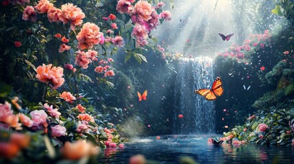 Whimsical Garden Scene with Cascading Waterfall and Colorful Butterflies