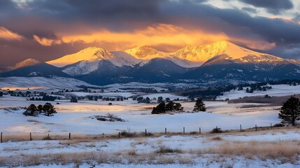 A photo of a snowy mountain range glowing under the golden light of sunrise.
