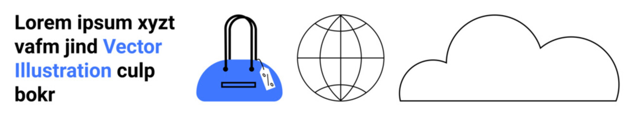 Handbag with tag, globe wireframe, and cloud outline alongside placeholder text. Ideal for travel, global networking, technology, cloud storage, communication branding digital marketing. Landing