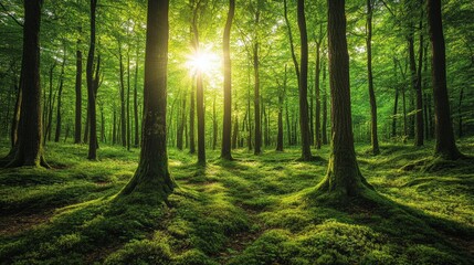Obraz premium Lush forest with sunlight streaming through the trees, soft focus, professional and calming atmosphere