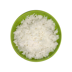 Cooked rice on green bowl transparent background.