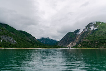 Shoreline and mountain views in Glacier Bay National Park in southeast Alaska