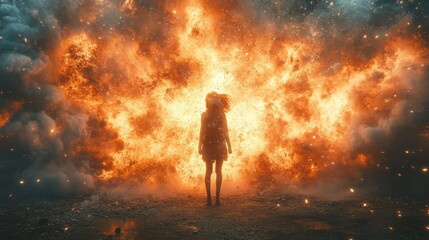 Fototapeta premium Silhouette of Woman Against Large Explosion in Dramatic Scene