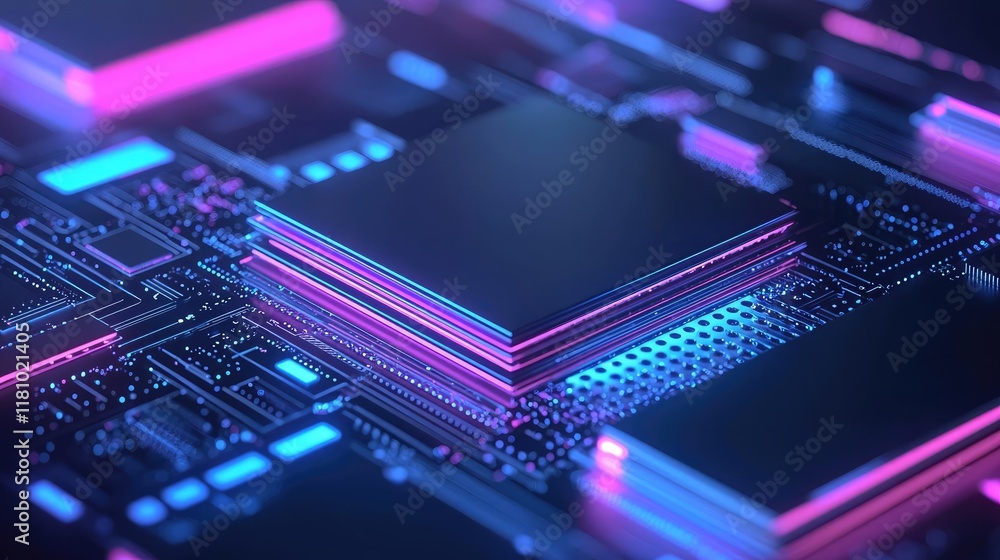 Poster layer abstract background idea. close-up view of a modern circuit board with vibrant neon colors and