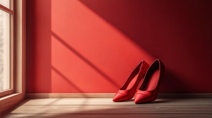 Elegant Red High Heels on Warm Wooden Floor Against a Minimalistic Red Wall, Perfect for Fashion and Valentine’s Day Concepts