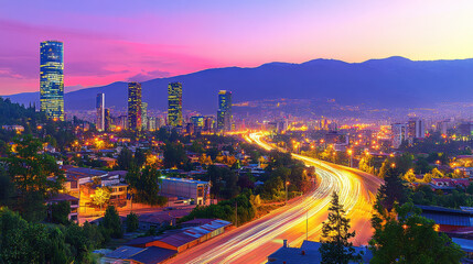 Fototapeta premium Vehicle trajectories on highways at night in the city