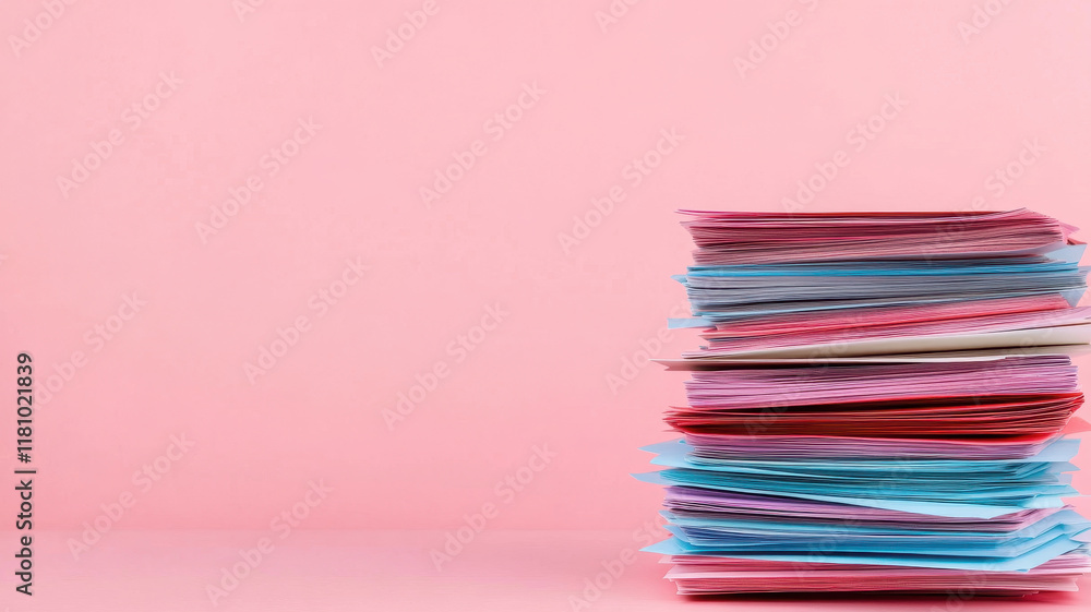 Aufkleber colorful stack of neatly arranged paper forms on pink background, creating vibrant and organized loo