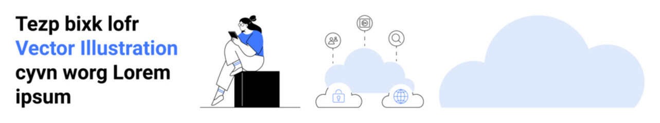 Woman using a phone, cloud computing icons, and abstract cloud shapes. Ideal for tech integration, teamwork, digital solutions, innovation, remote work data storage information sharing. Landing