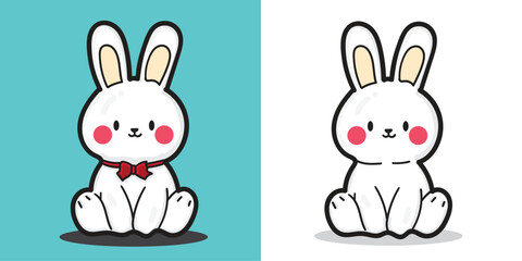 Cute cartoon rabbit doll for coloring book or element design with isolated white background