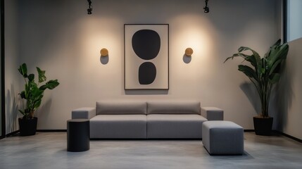 Modern minimalist living space with a sofa, art, and plants for relaxation and aesthetics.