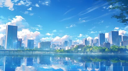 Naklejka premium Beautiful modern cityscape by a lake with blue skies and clouds in anime style
