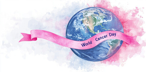 World Cancer Day with pink ribbon wrapped around the globe