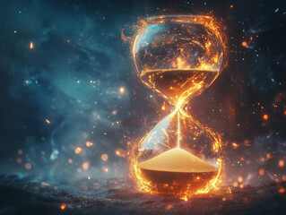 A mystical hourglass containing the four elements: fire, water, earth, air, with glowing sands, copy space