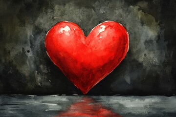 Vibrant Red Heart on Black Background in Watercolor Style Artwork