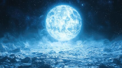 Ethereal Frozen Moon Landscape: A Cosmic Winter Scene. Mystical Night Sky, Celestial Bodies, and Icy Terrain. Digital Fantasy Art.