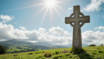 Celtic cross standing on green hill under sunny sky