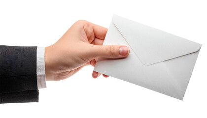 hand in suit giving an envelope isolated on white background