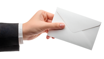 hand in suit giving an envelope isolated on white background