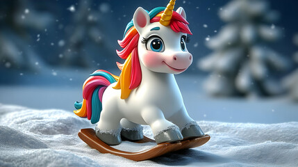 3D Animated Unicorn Enjoys a Rocking Ride through a Snowy Winter Wonderland Scene