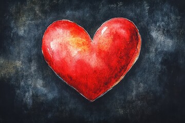 Vibrant Red Heart on Black Background Watercolor Artwork