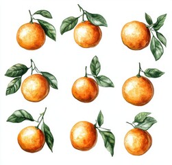 Vibrant Illustration of Fresh Oranges with Green Leaves on White Background for Use in Food, Nutrition, or Beverage Theme Projects