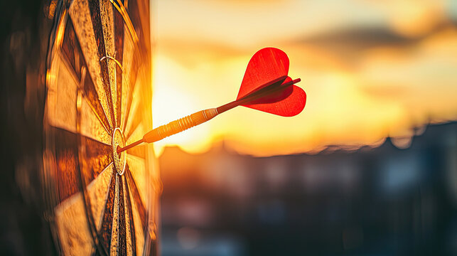 dart with heart tip hits target at sunset
