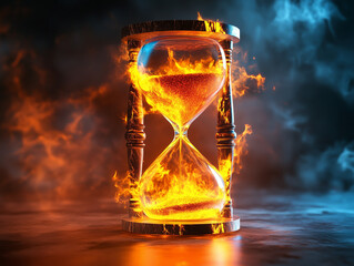 A mystical hourglass containing the four elements: fire, water, earth, air, with glowing sands, copy space