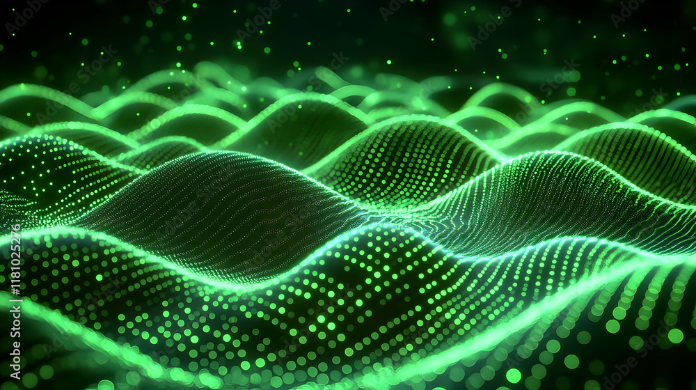 Poster abstract green particle wave background forms a dynamic and flowing landscape with digital particles