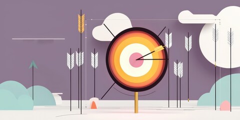 Colorful archery target with arrows, set against a pastel sky.