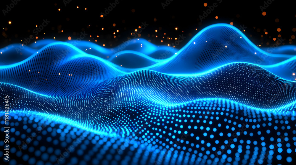 Poster abstract blue particle wave flows smoothly in a dark background with sparkling lights