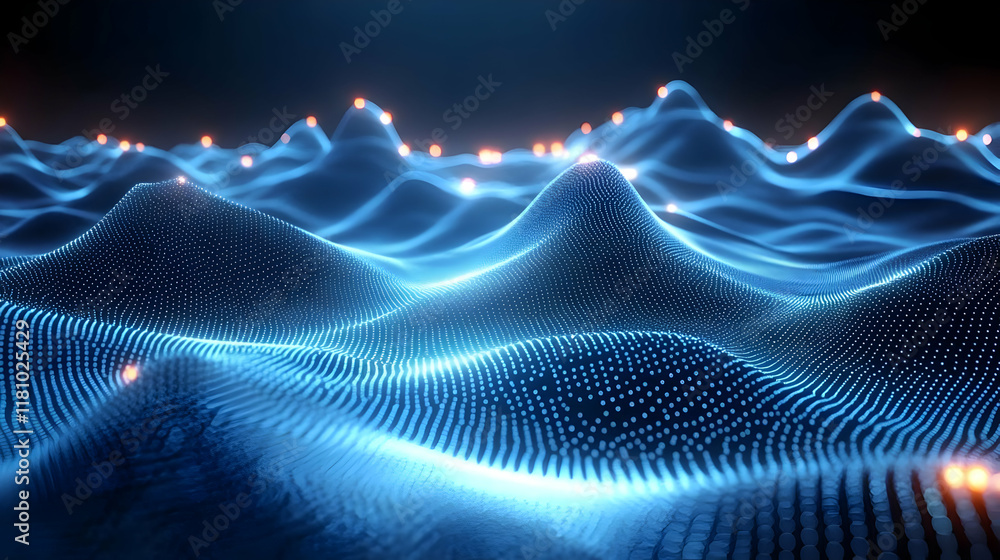 Poster abstract 3d landscape forms glowing waves dynamically in a dark blue environment.