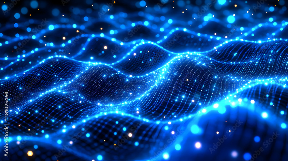 Poster abstract blue wavy grid background with glowing particles creates a futuristic and dynamic scene