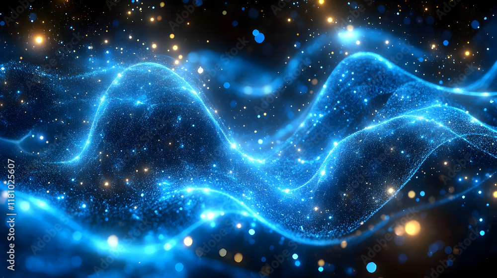 Poster abstract blue wave flows smoothly with glowing particles on a dark background