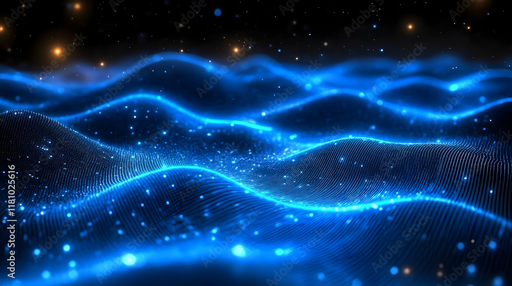 Poster abstract blue wavy background flows smoothly with particles and lights effects.