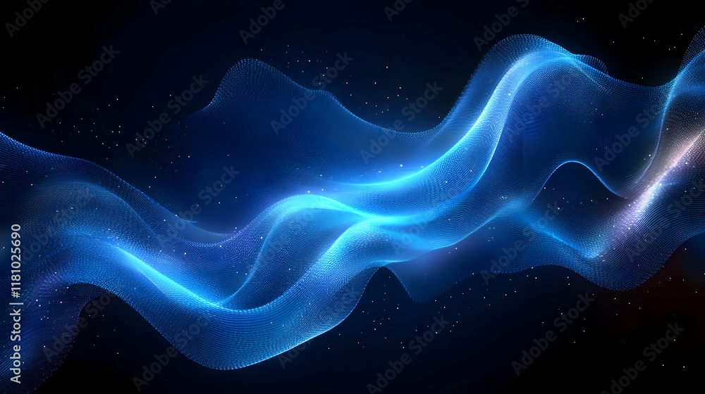 Poster abstract blue wavy lines flowing smoothly across a dark background with sparkling particles