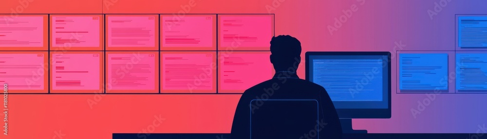 Poster a silhouette of a person at a computer, surrounded by colorful screens displaying text, suggesting a