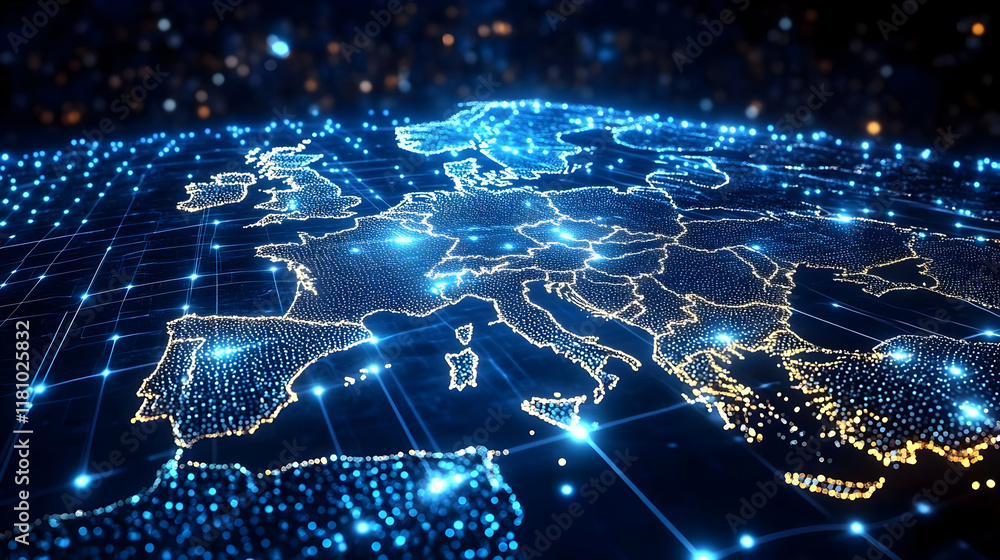 Poster europe map shows interconnected network with glowing dots and lines on dark background representing 