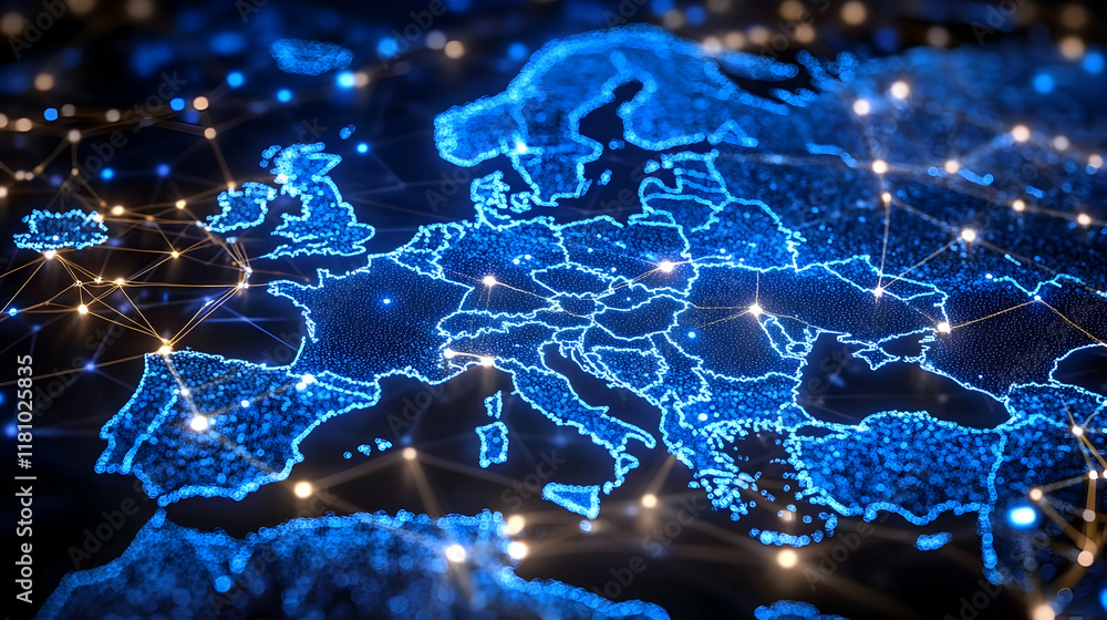 Poster abstract europe map shows digital network connections with glowing lines and dots beautifully.